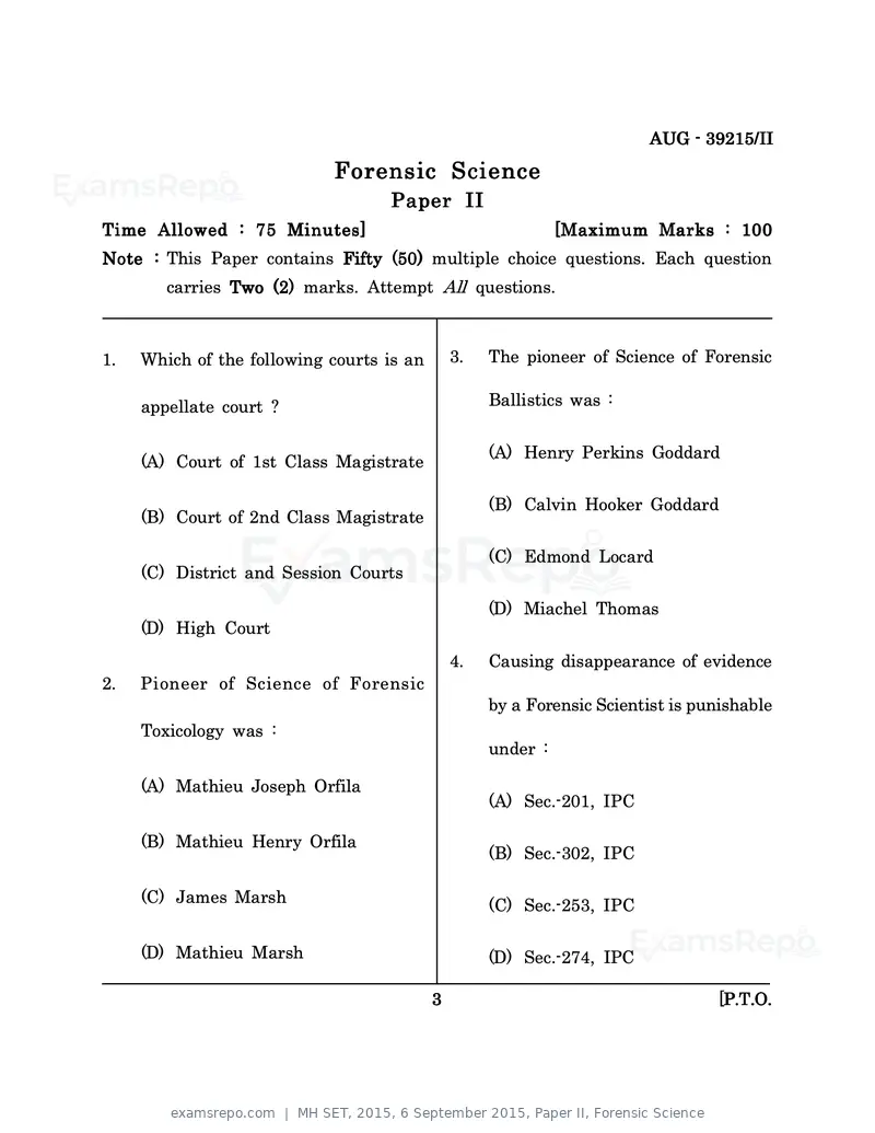 MH SET 2015 question paper, 6 September 2015, Paper II, Forensic Science, page 3 of 16