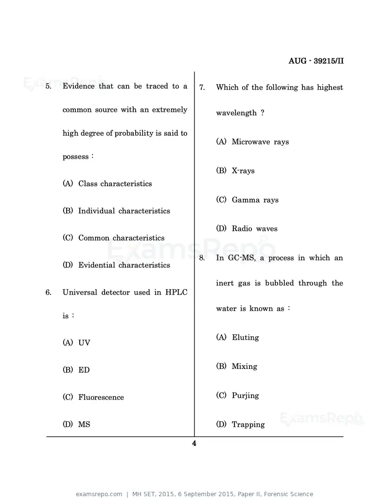 MH SET 2015 question paper, 6 September 2015, Paper II, Forensic Science, page 4 of 16