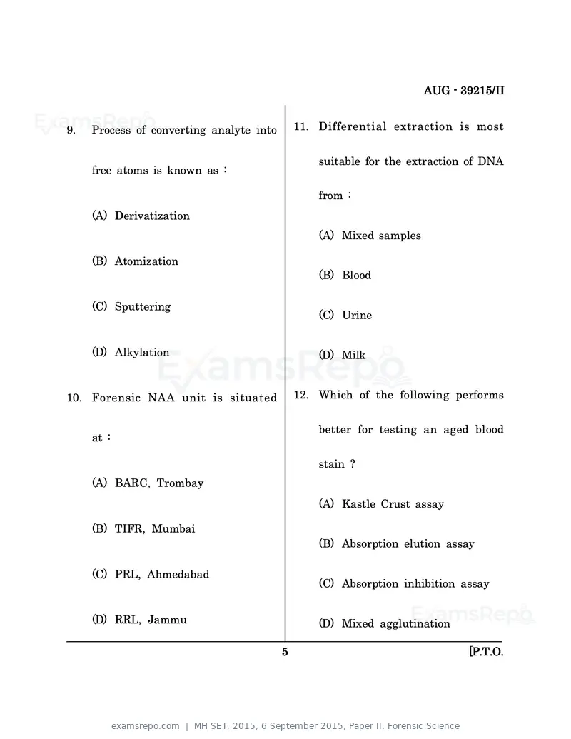 MH SET 2015 question paper, 6 September 2015, Paper II, Forensic Science, page 5 of 16