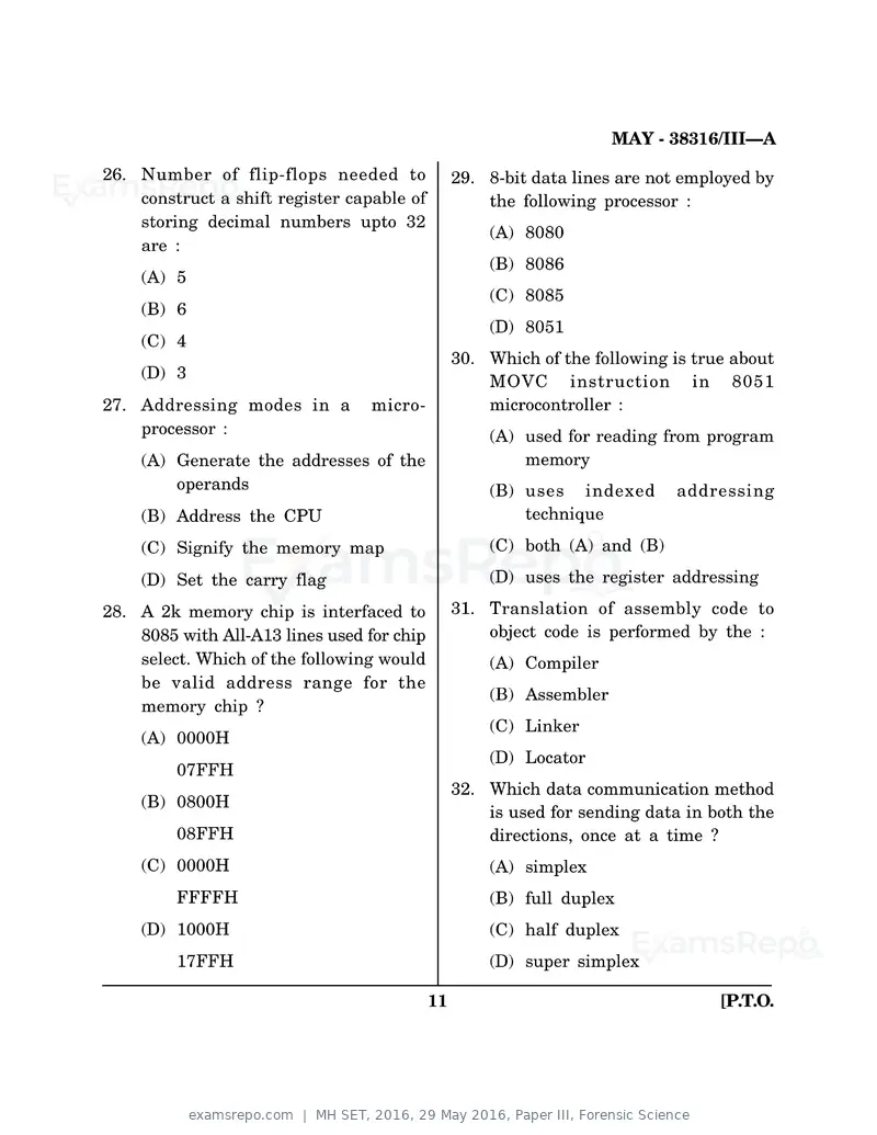 MH SET 2016 question paper, 29 May 2016, Paper III, Forensic Science, page 11 of 24