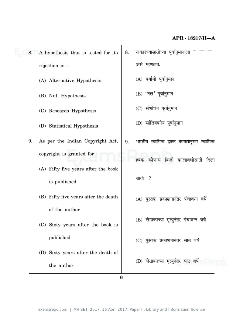 MH SET 2017 question paper, 16 April 2017, Paper II, Library and Information Science, page 6 of 24