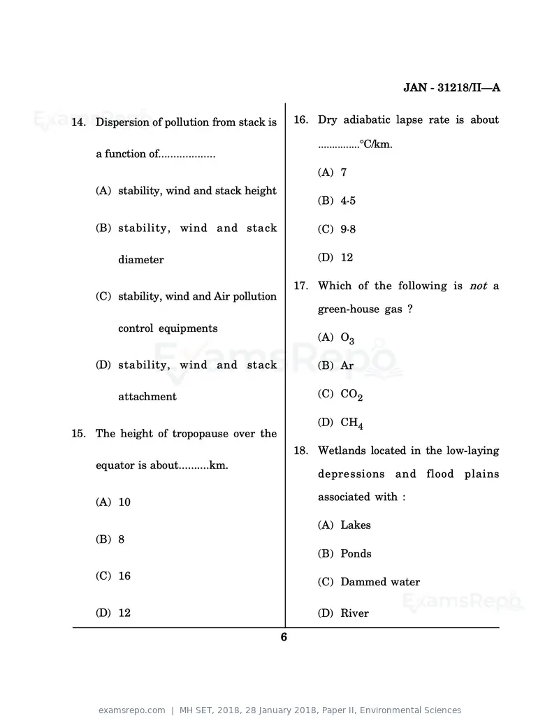MH SET 2018 question paper, 28 January 2018, Paper II, Environmental Sciences, page 6 of 16