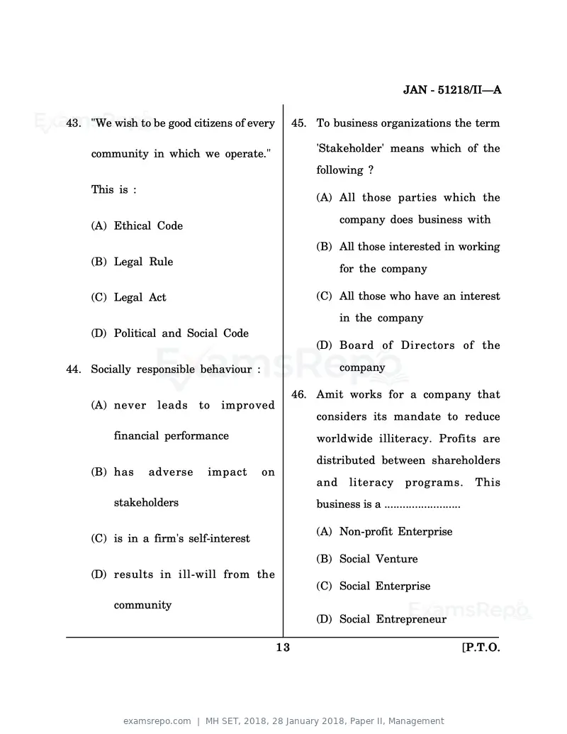 MH SET 2018 question paper, 28 January 2018, Paper II, Management, page 13 of 16