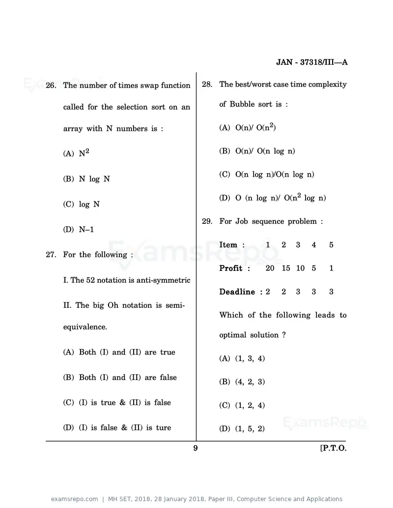 MH SET 2018 question paper, 28 January 2018, Paper III, Computer Science and Applications, page 9 of 24