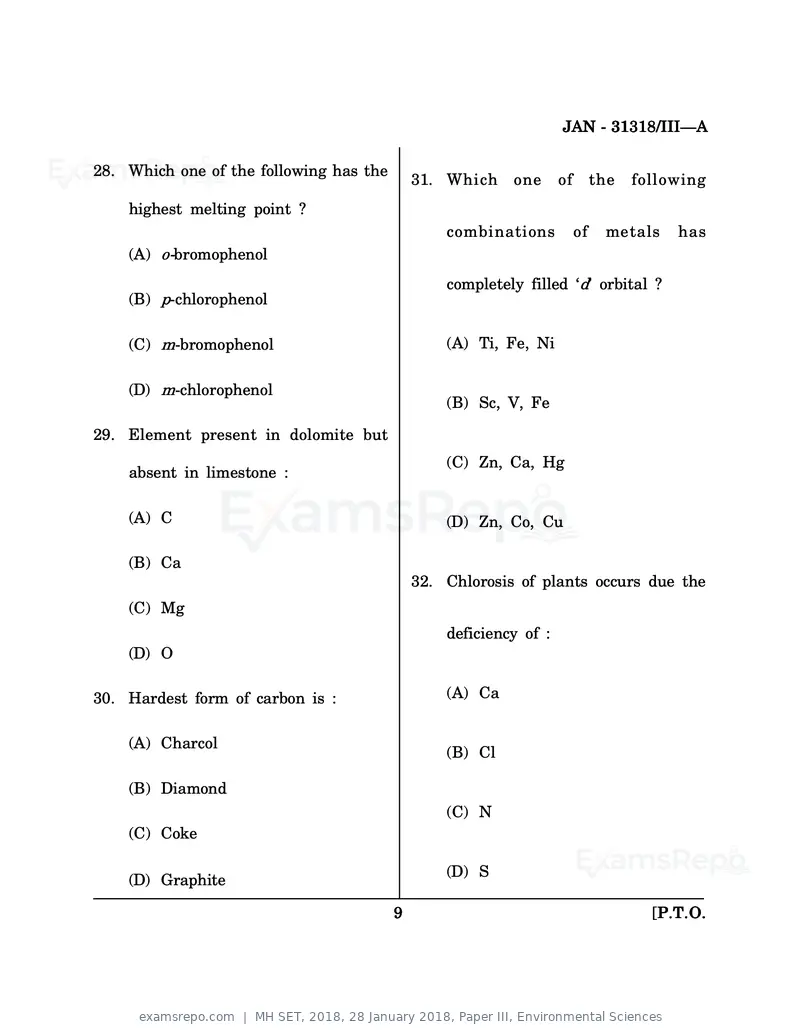 MH SET 2018 question paper, 28 January 2018, Paper III, Environmental Sciences, page 9 of 20