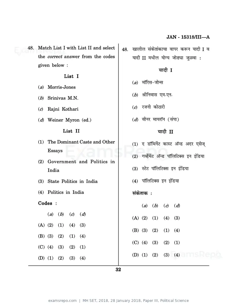 MH SET 2018 question paper, 28 January 2018, Paper III, Political Science, page 32 of 48