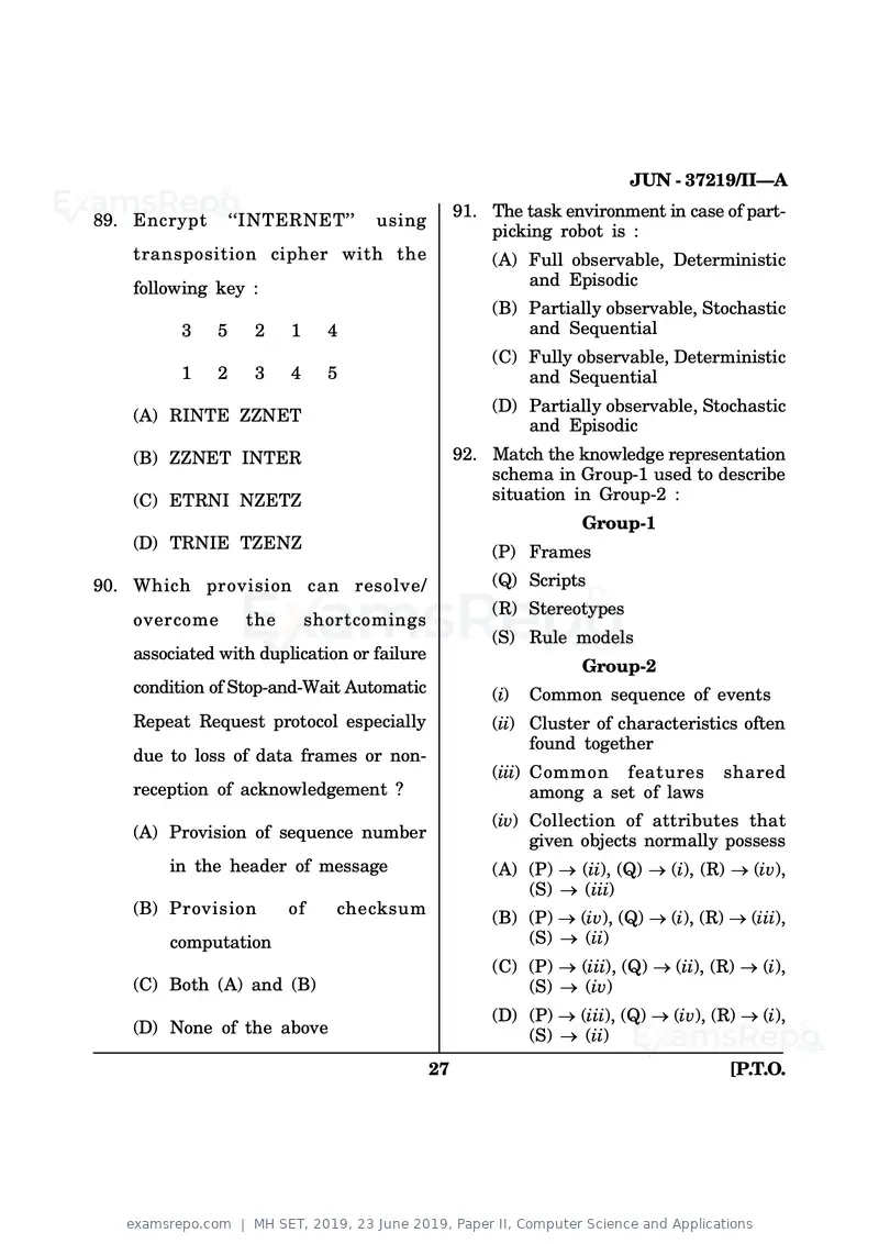 MH SET 2019 question paper, 23 June 2019, Paper II, Computer Science and Applications, page 27 of 32
