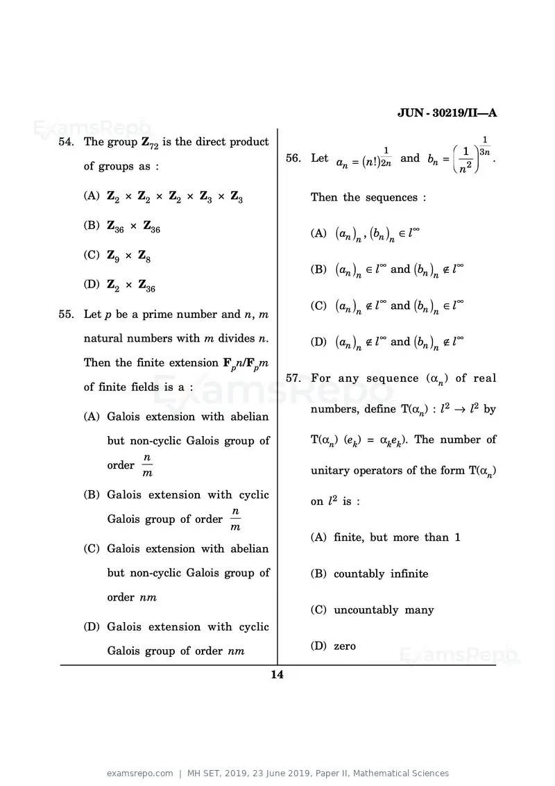 MH SET 2019 question paper, 23 June 2019, Paper II, Mathematical Sciences, page 14 of 48