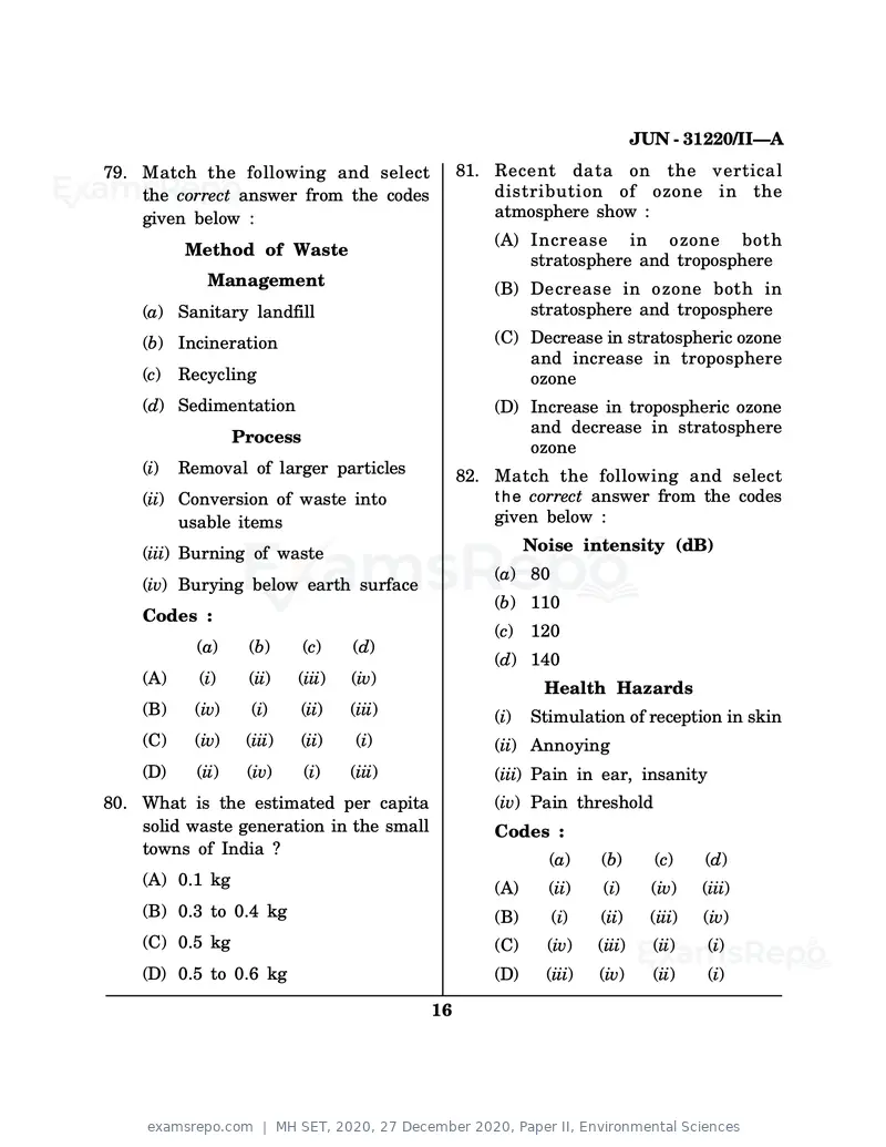 MH SET 2020 question paper, 27 December 2020, Paper II, Environmental Sciences, page 16 of 20
