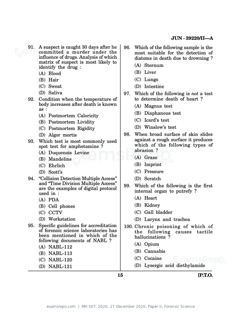 MH SET 2020 question paper, 27 December 2020, Paper II, Forensic Science, page 15 of 16
