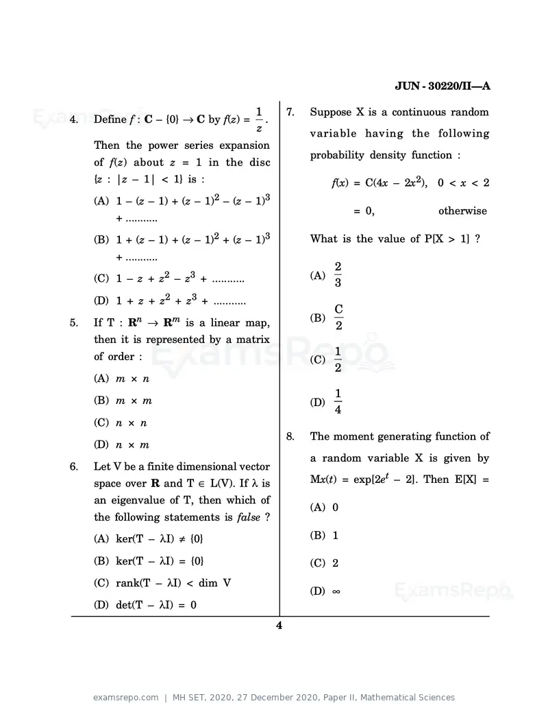 MH SET 2020 question paper, 27 December 2020, Paper II, Mathematical Sciences, page 4 of 48