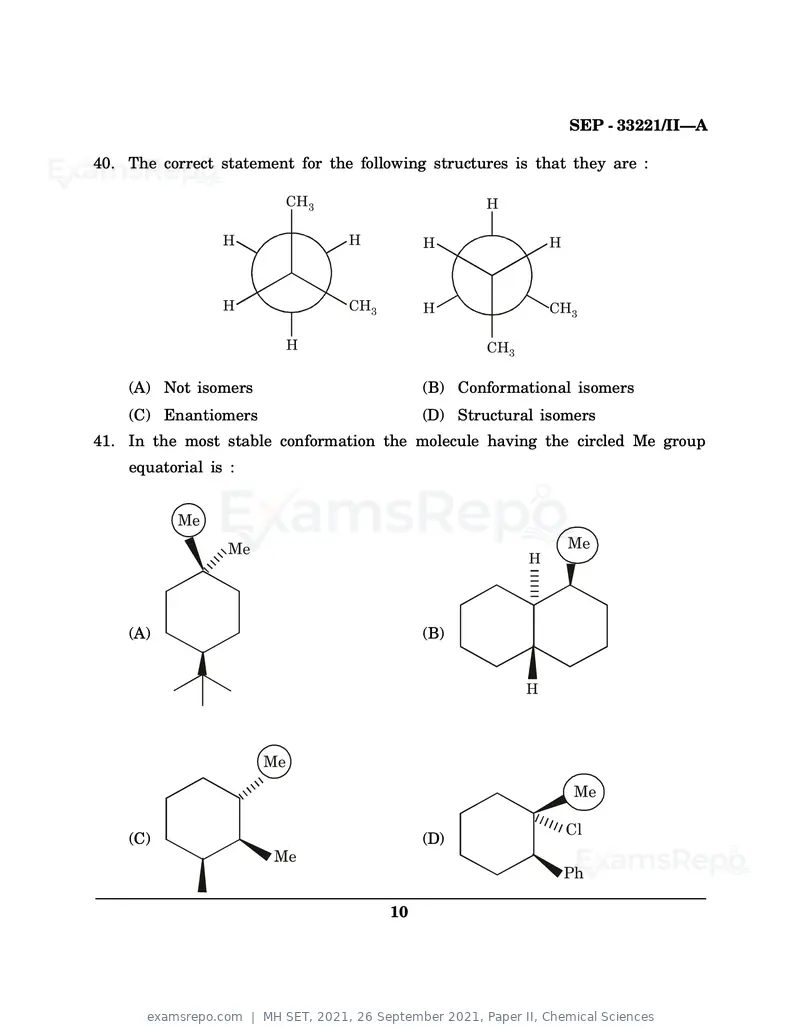 MH SET 2021 question paper, 26 September 2021, Paper II, Chemical Sciences, page 10 of 36