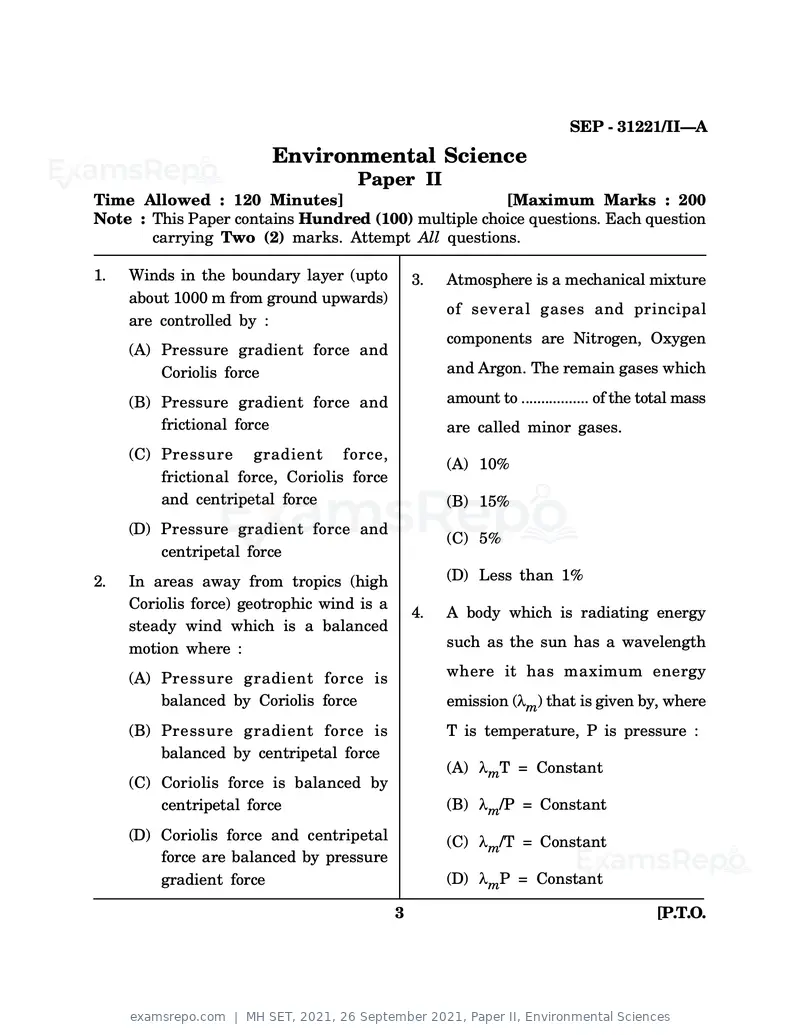 MH SET 2021 question paper, 26 September 2021, Paper II, Environmental Sciences, page 3 of 20