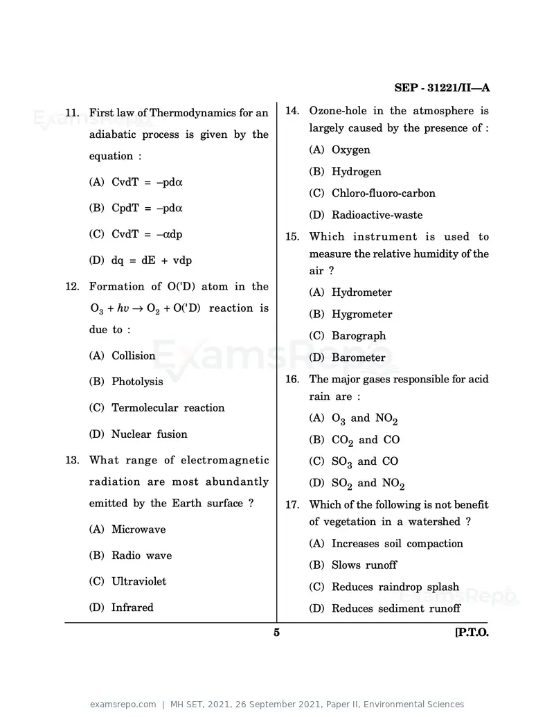 MH SET 2021 question paper, 26 September 2021, Paper II, Environmental Sciences, page 5 of 20