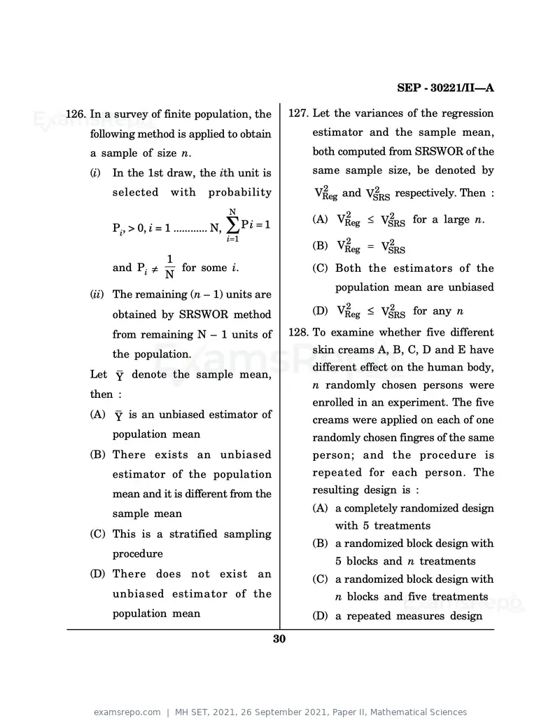 MH SET 2021 question paper, 26 September 2021, Paper II, Mathematical Sciences, page 30 of 48