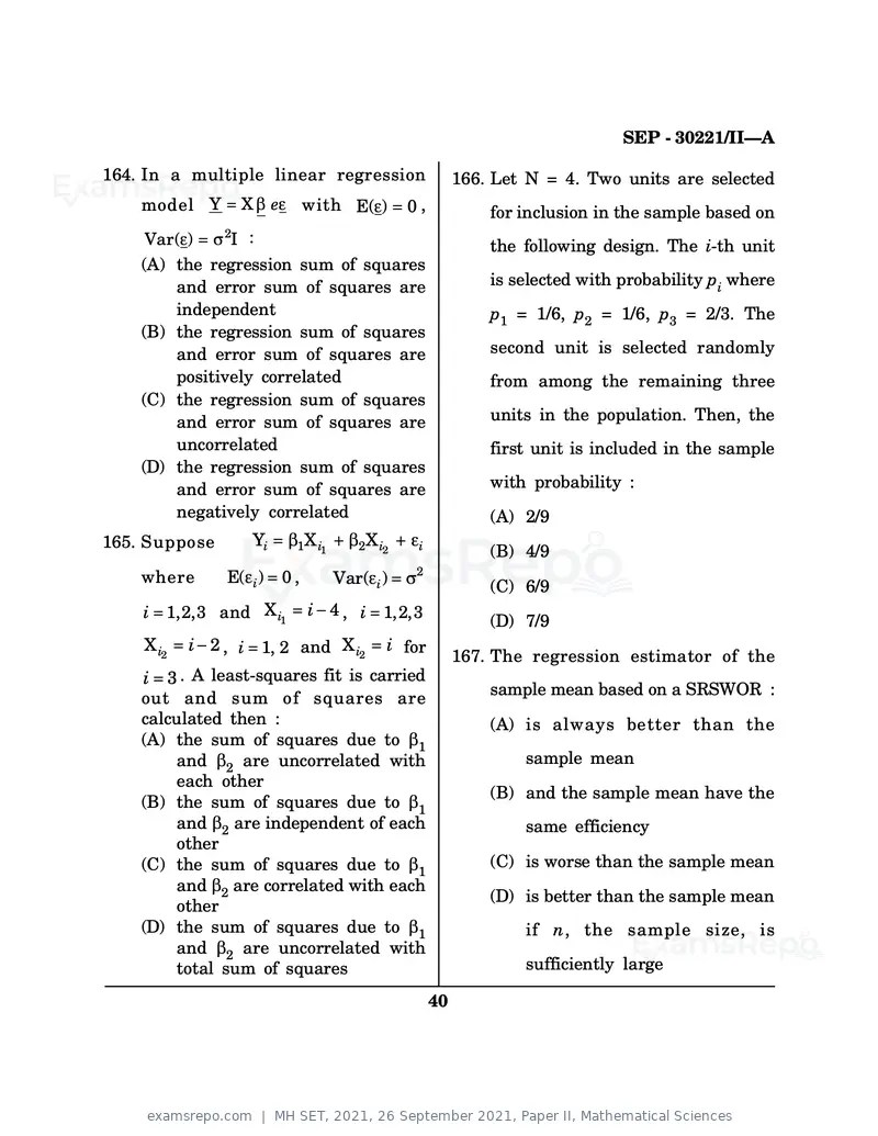 MH SET 2021 question paper, 26 September 2021, Paper II, Mathematical Sciences, page 40 of 48