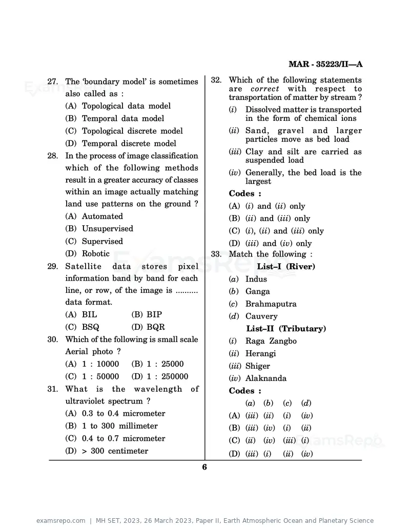 MH SET 2023 question paper, 26 March 2023, Paper II, Earth Atmospheric Ocean and Planetary Science, page 6 of 16
