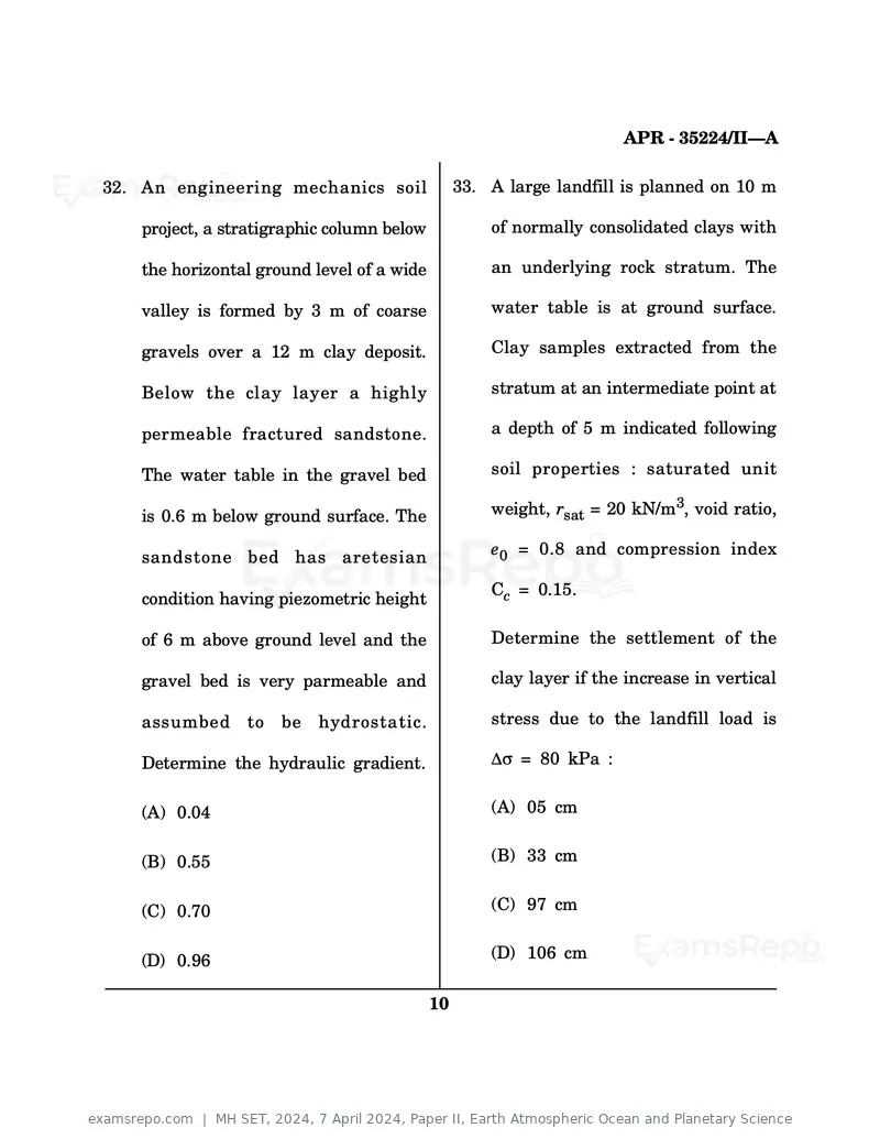 MH SET 2024 question paper, 7 April 2024, Paper II, Earth Atmospheric Ocean and Planetary Science, page 10 of 24