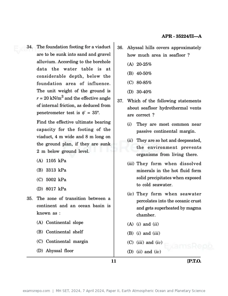 MH SET 2024 question paper, 7 April 2024, Paper II, Earth Atmospheric Ocean and Planetary Science, page 11 of 24