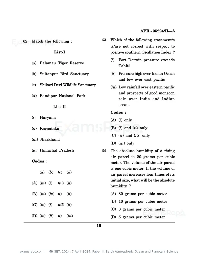 MH SET 2024 question paper, 7 April 2024, Paper II, Earth Atmospheric Ocean and Planetary Science, page 16 of 24