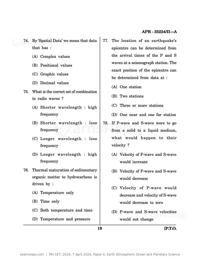 MH SET 2024 question paper, 7 April 2024, Paper II, Earth Atmospheric Ocean and Planetary Science, page 19 of 24