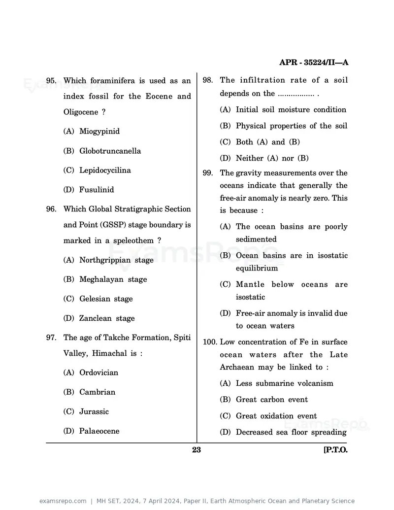 MH SET 2024 question paper, 7 April 2024, Paper II, Earth Atmospheric Ocean and Planetary Science, page 23 of 24