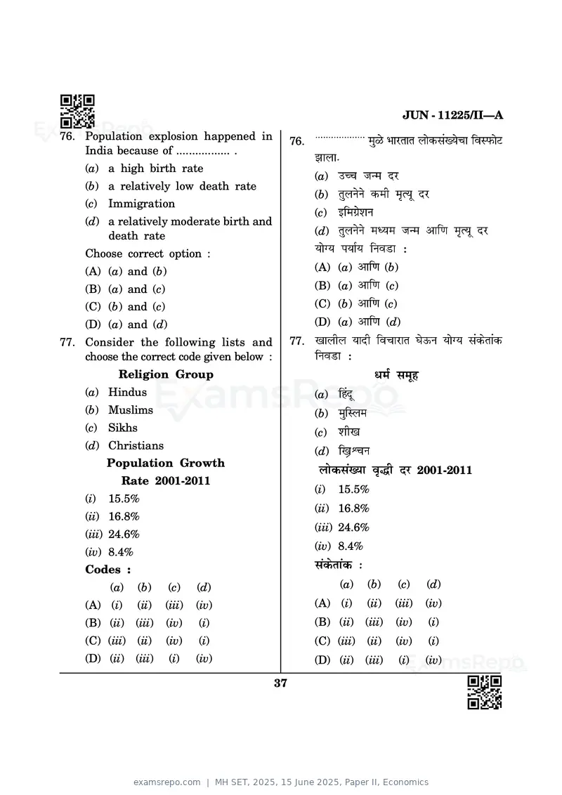 MH SET 2025 question paper, 15 June 2025, Paper II, Economics, page 37 of 48