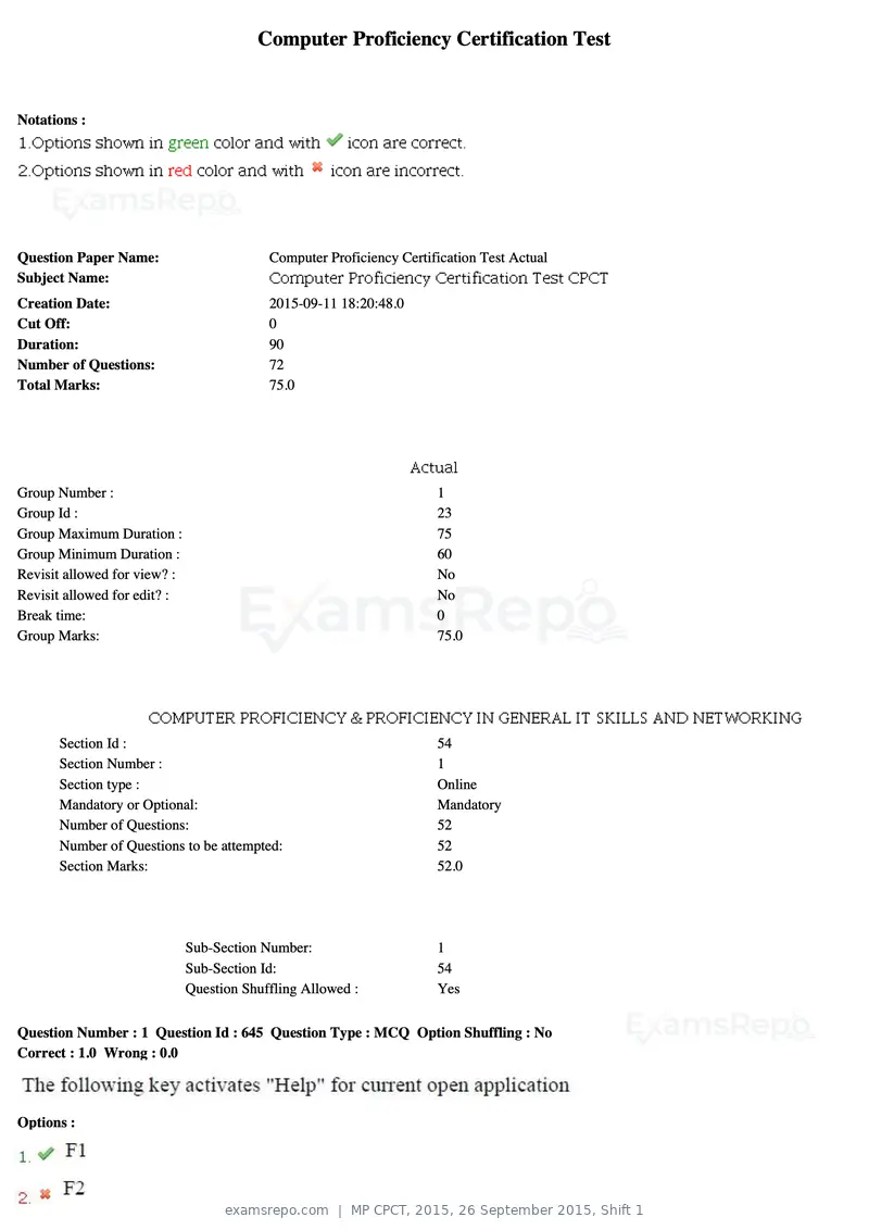 MP CPCT 2015 question paper, 26 September 2015, Shift 1, page 1 of 45