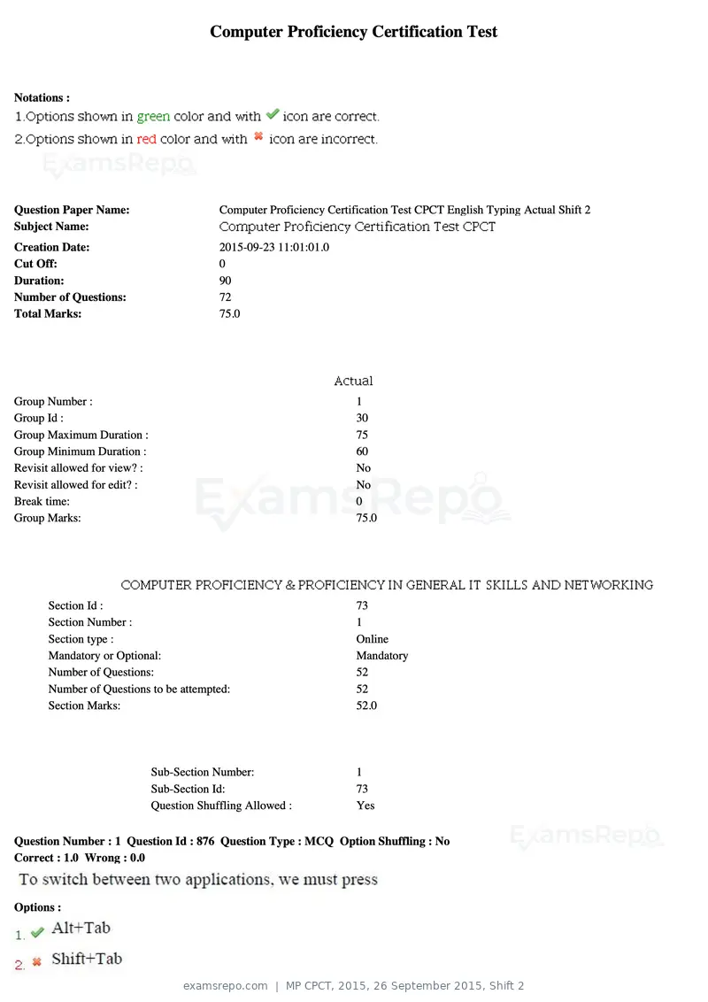 MP CPCT 2015 question paper, 26 September 2015, Shift 2, page 1 of 44