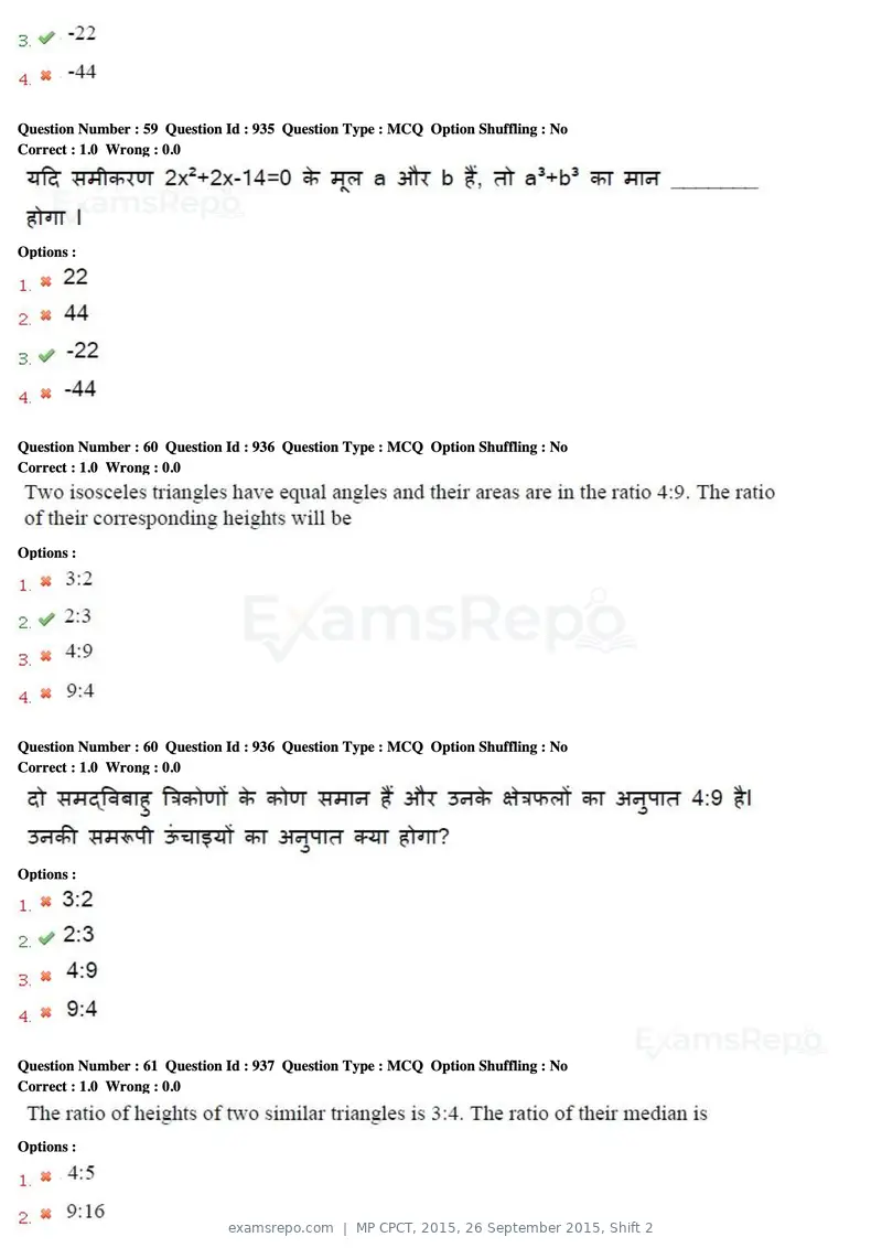 MP CPCT 2015 question paper, 26 September 2015, Shift 2, page 33 of 44