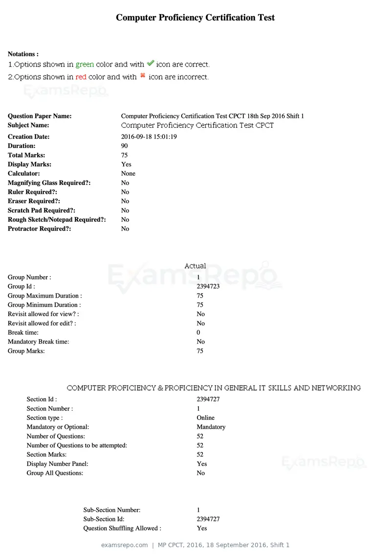 MP CPCT 2016 question paper, 18 September 2016, Shift 1, page 1 of 45