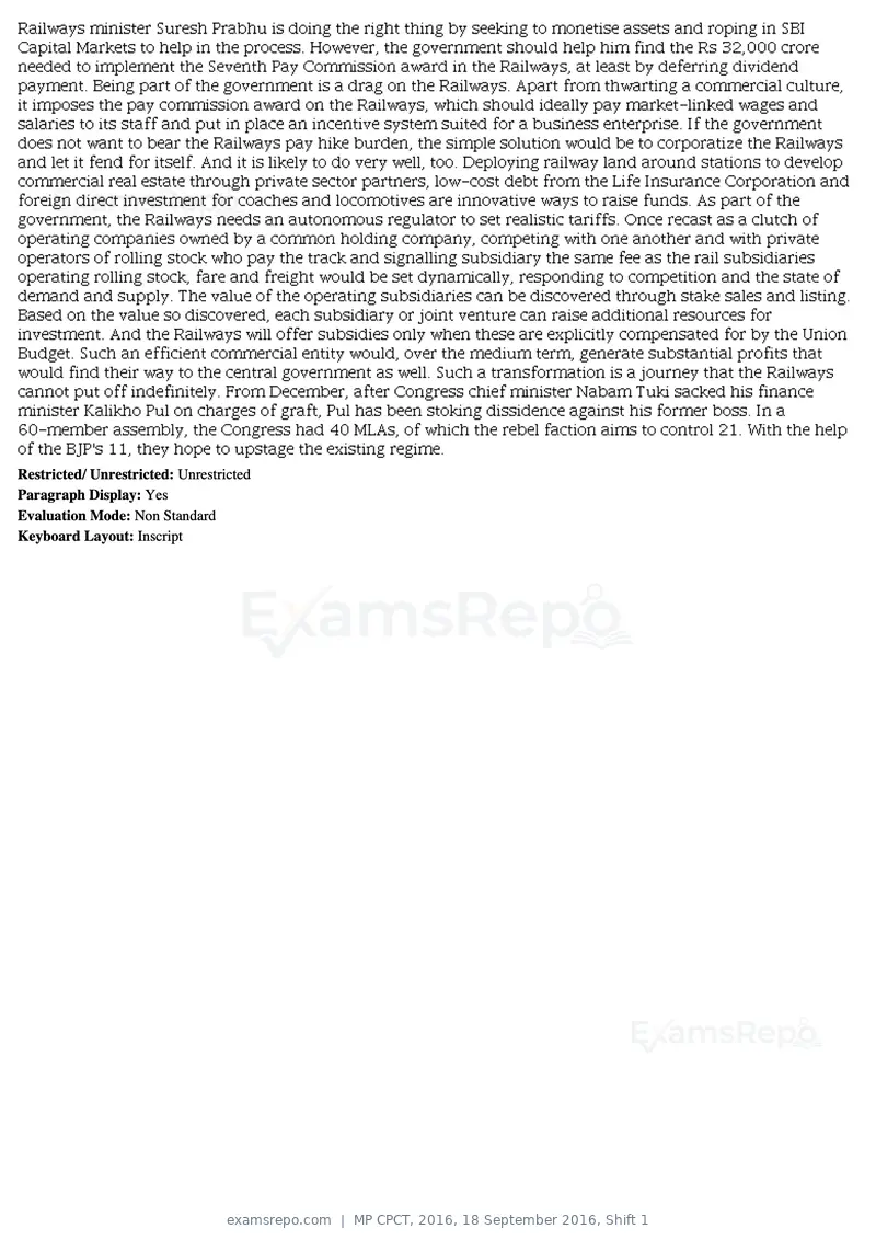 MP CPCT 2016 question paper, 18 September 2016, Shift 1, page 45 of 45
