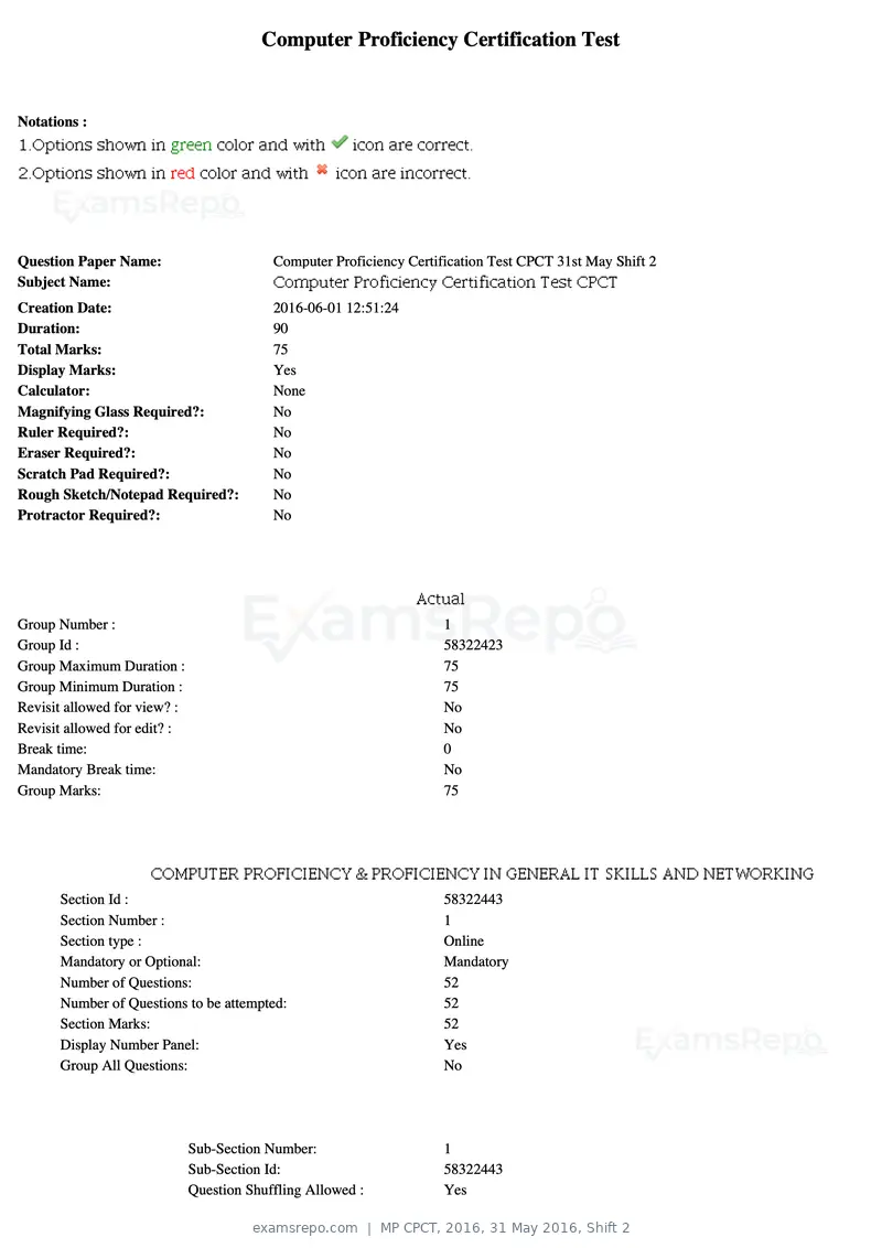 MP CPCT 2016 question paper, 31 May 2016, Shift 2, page 1 of 46
