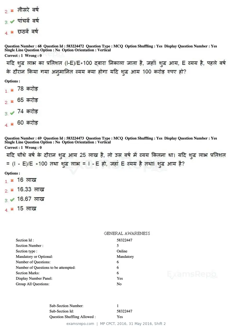 MP CPCT 2016 question paper, 31 May 2016, Shift 2, page 41 of 46