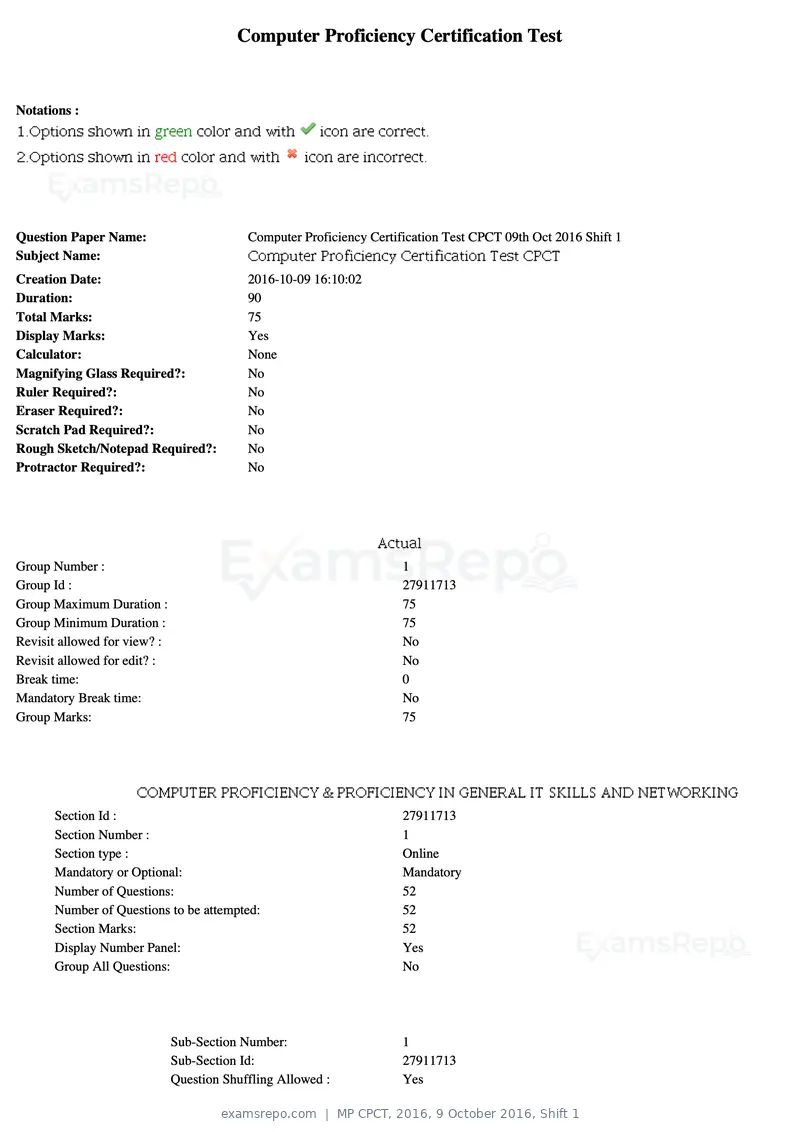 MP CPCT 2016 question paper, 9 October 2016, Shift 1, page 1 of 45