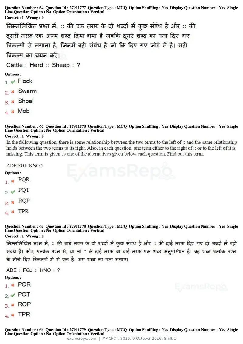 MP CPCT 2016 question paper, 9 October 2016, Shift 1, page 37 of 45