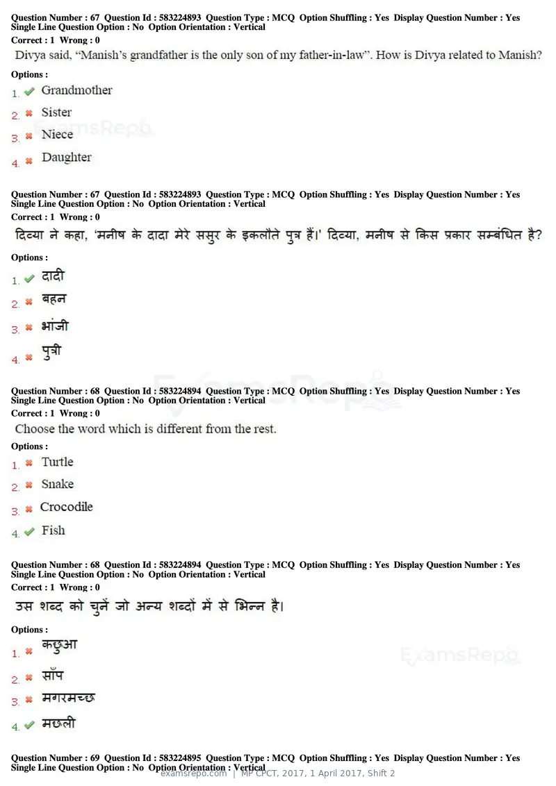 MP CPCT 2017 question paper, 1 April 2017, Shift 2, page 41 of 46