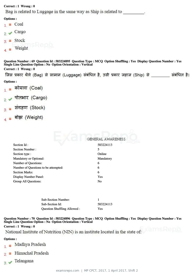 MP CPCT 2017 question paper, 1 April 2017, Shift 2, page 42 of 46