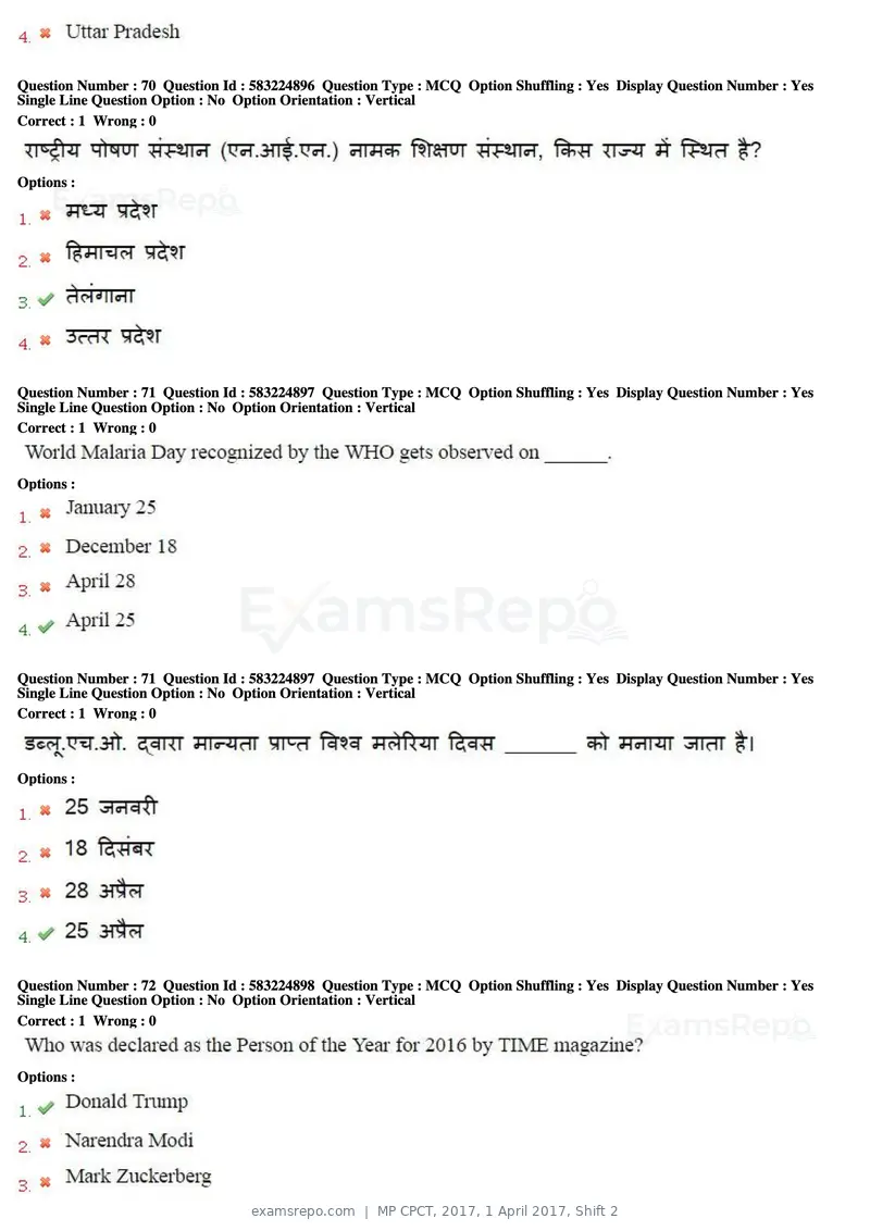 MP CPCT 2017 question paper, 1 April 2017, Shift 2, page 43 of 46