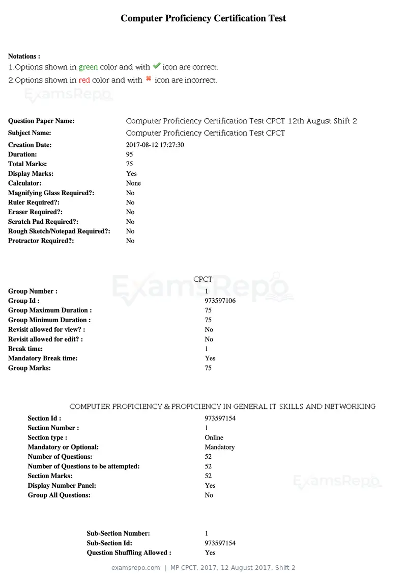 MP CPCT 2017 question paper, 12 August 2017, Shift 2, page 1 of 58