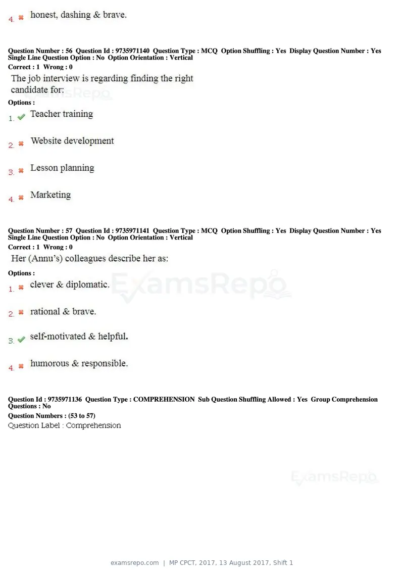 MP CPCT 2017 question paper, 13 August 2017, Shift 1, page 39 of 57