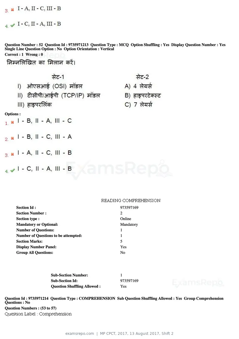 MP CPCT 2017 question paper, 13 August 2017, Shift 2, page 36 of 57