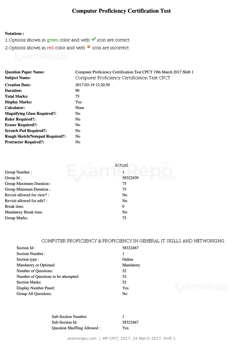 MP CPCT 2017 question paper, 19 March 2017, Shift 1, page 1 of 45