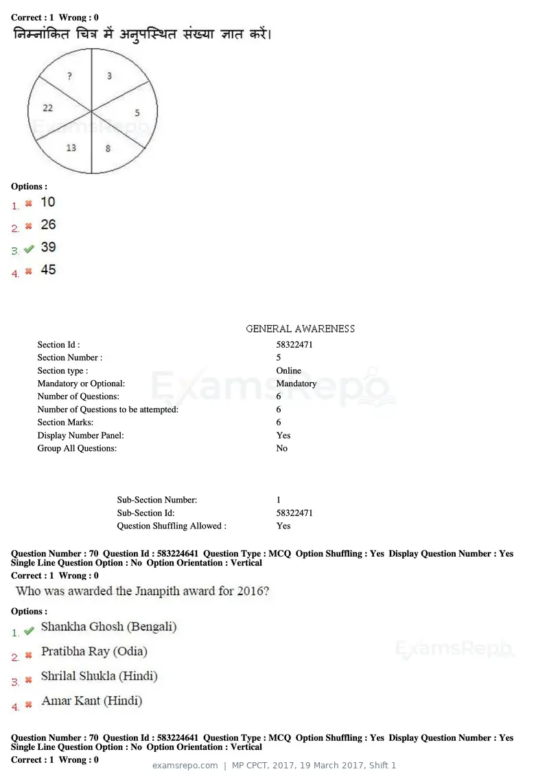 MP CPCT 2017 question paper, 19 March 2017, Shift 1, page 41 of 45
