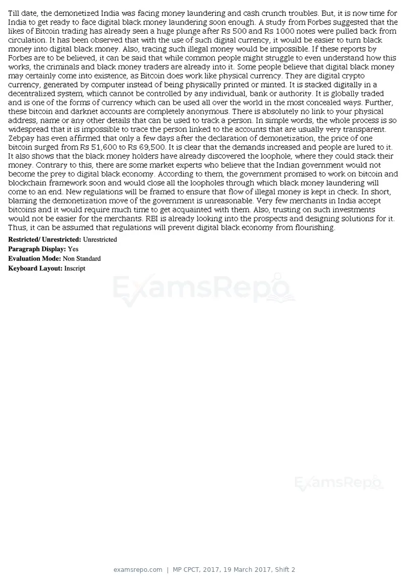 MP CPCT 2017 question paper, 19 March 2017, Shift 2, page 47 of 47