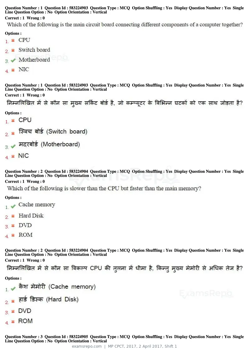 MP CPCT 2017 question paper, 2 April 2017, Shift 1, page 2 of 47