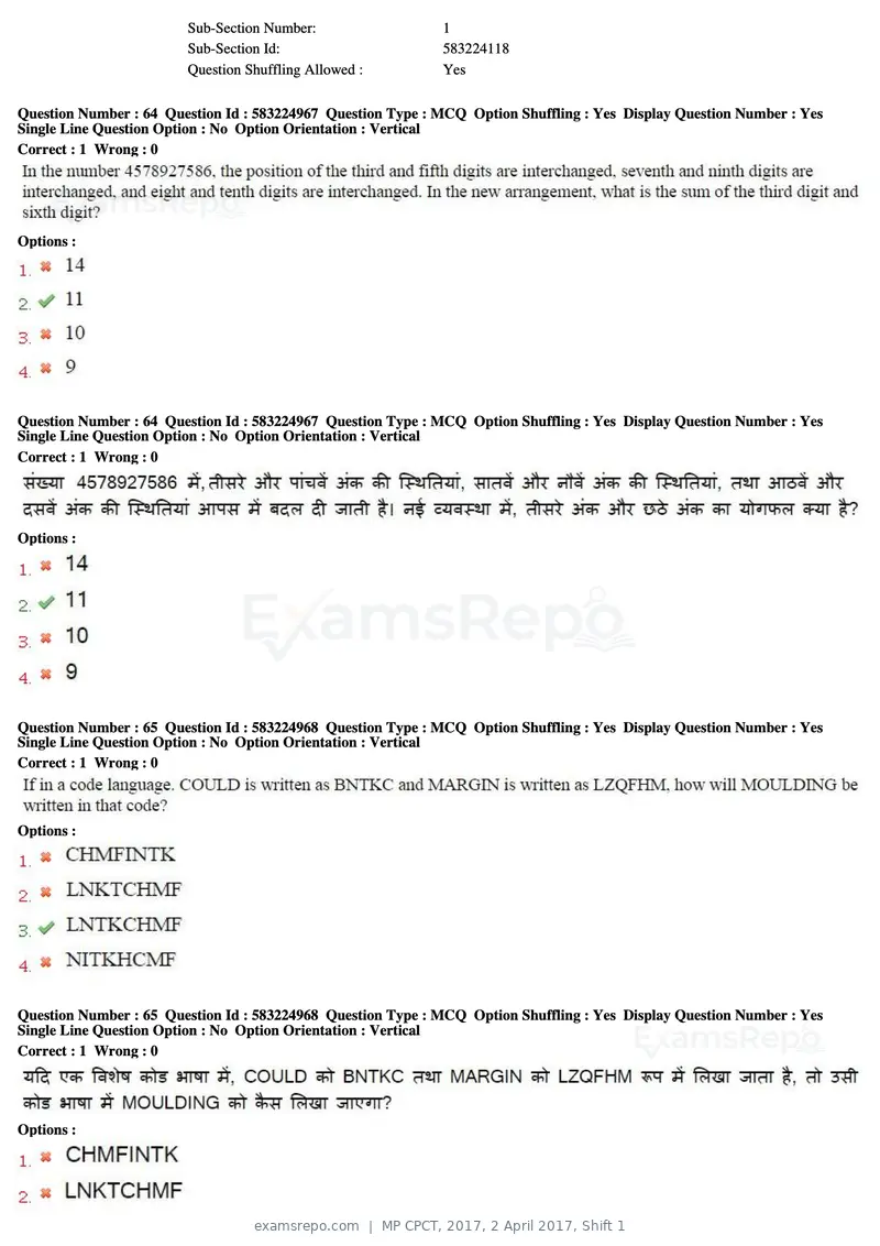 MP CPCT 2017 question paper, 2 April 2017, Shift 1, page 40 of 47