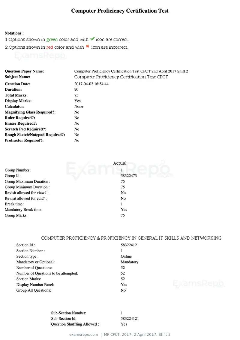 MP CPCT 2017 question paper, 2 April 2017, Shift 2, page 1 of 47