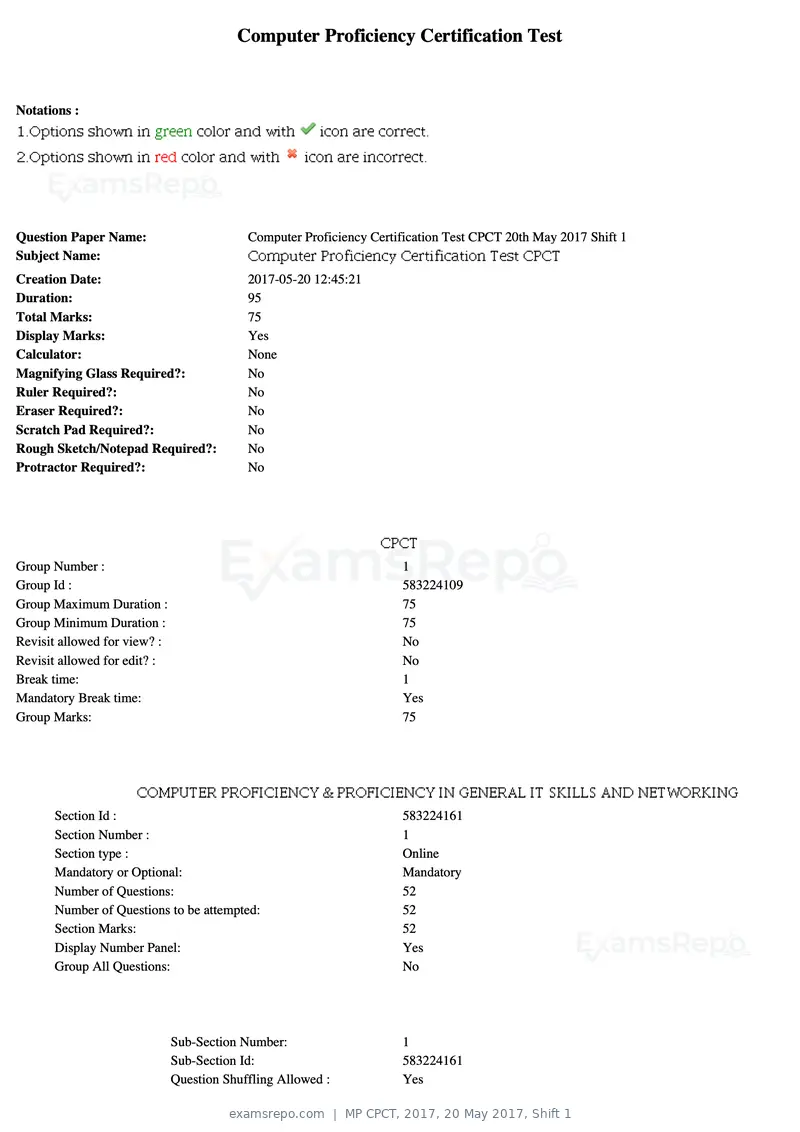 MP CPCT 2017 question paper, 20 May 2017, Shift 1, page 1 of 47