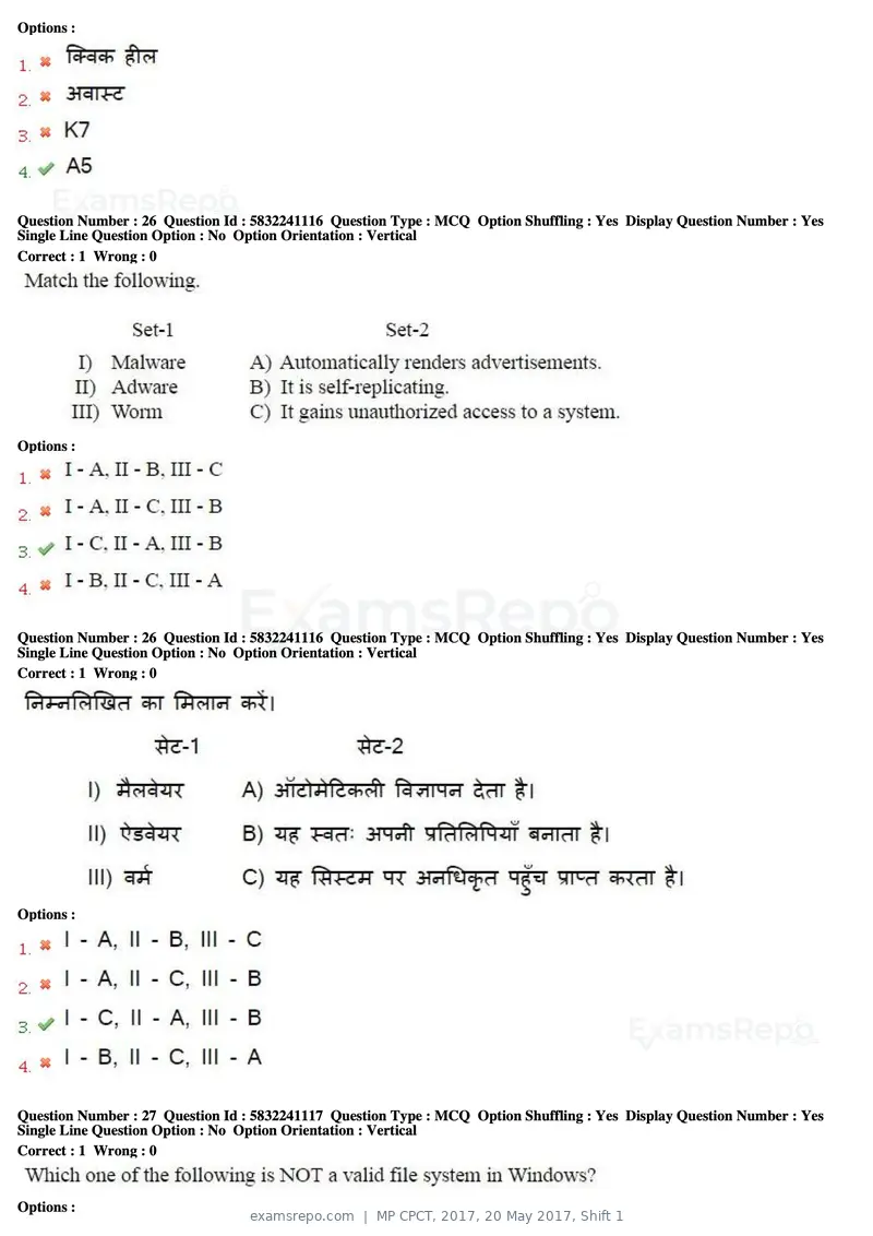 MP CPCT 2017 question paper, 20 May 2017, Shift 1, page 15 of 47